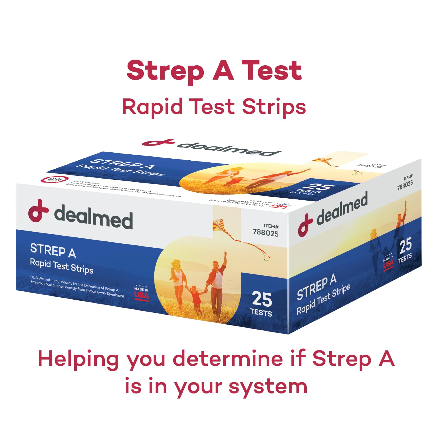 Dealmed Rapid Strep A Test Kit - CLIA-Waived, Made in USA, 25 Tests/Box, Case of 42