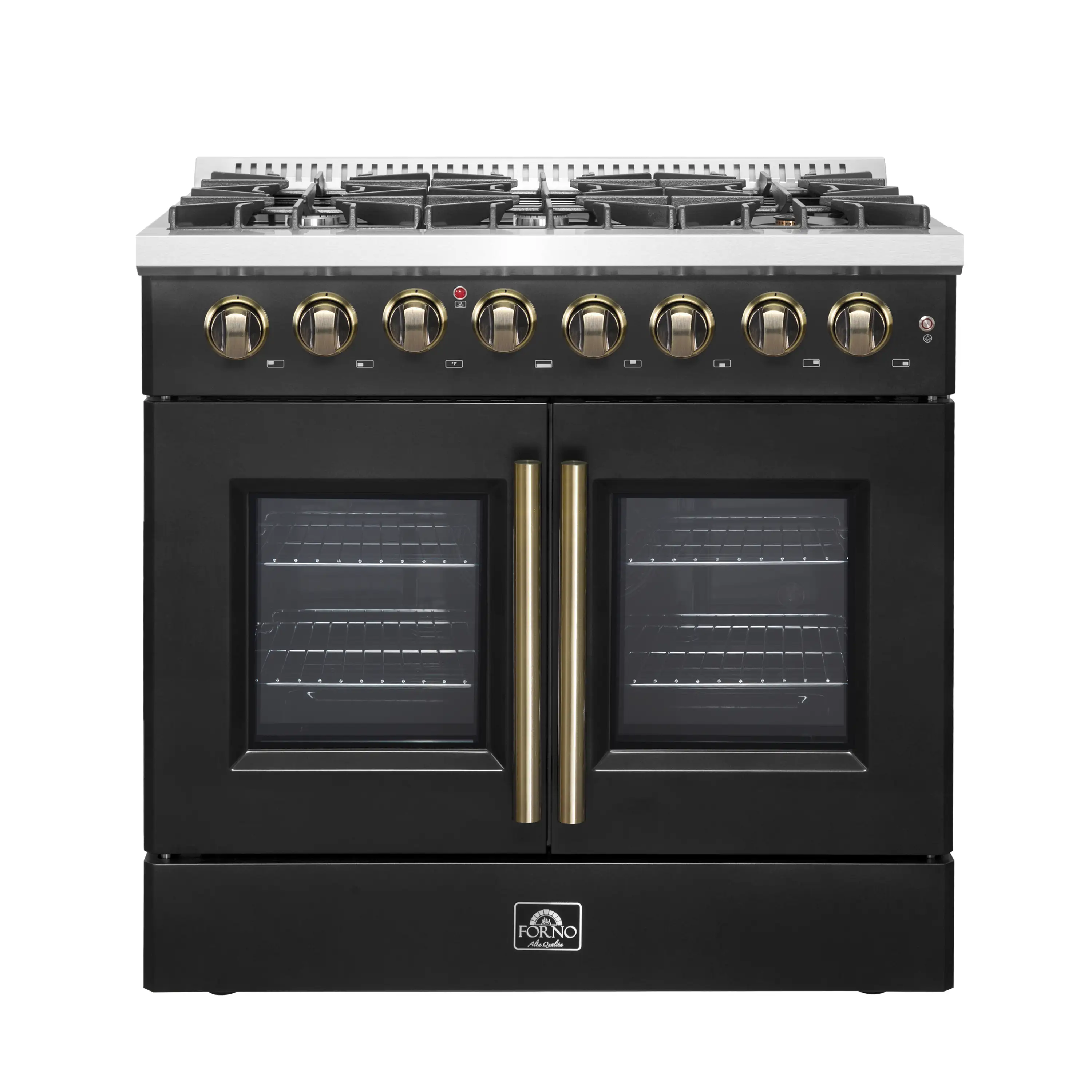Forno Galiano 36-Inch French Door Dual Fuel Range with 6 Gas Burners and 5.36 Cu.Ft. Electric Convection Oven in Black with Antique Brass Trim (FFSGS6356-36BLK)