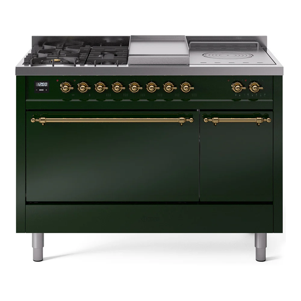 ILVE Nostalgie II 48-Inch Dual Fuel Range with 5 Burners, Griddle, & French Top, with Solid Door Oven in Emerald Green with Brass Trim (UP48FSQNMPEGG)