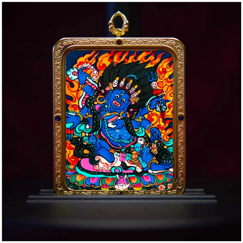 Six-Armed Mahakala Pendant Necklace - Tibetan Buddhist Protector w/ Gold Frame • Multi-Armed Deity • Spiritual Armor Jewelry