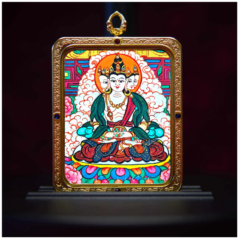 Hand-Painted Four-Faced Vairocana Buddha Dharma Wheel Pendant - Tibetan Thangka Meditation Necklace for Pure Illumination & Universal Wisdom