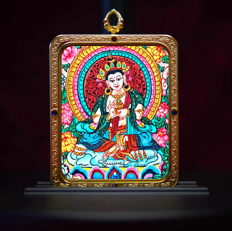 Hand-Painted White Tara Longevity Buddha Pendant - Tibetan Thangka Meditation Necklace for Healing & Protection