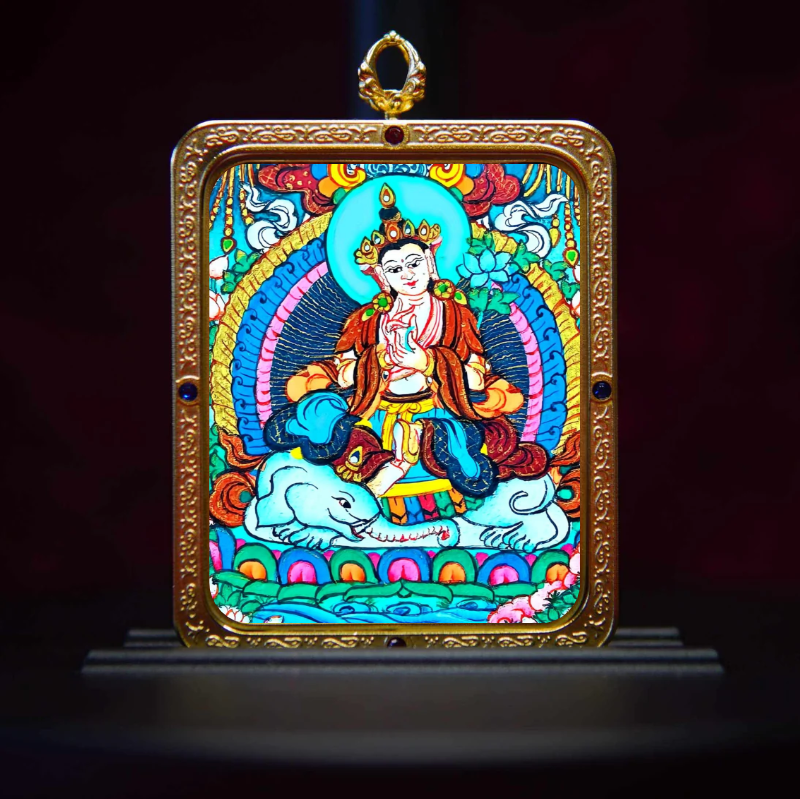 Hand-Painted Samantabhadra Bodhisattva Thangka Pendant - Wisdom Buddha Necklace for Clarity & Enlightenment