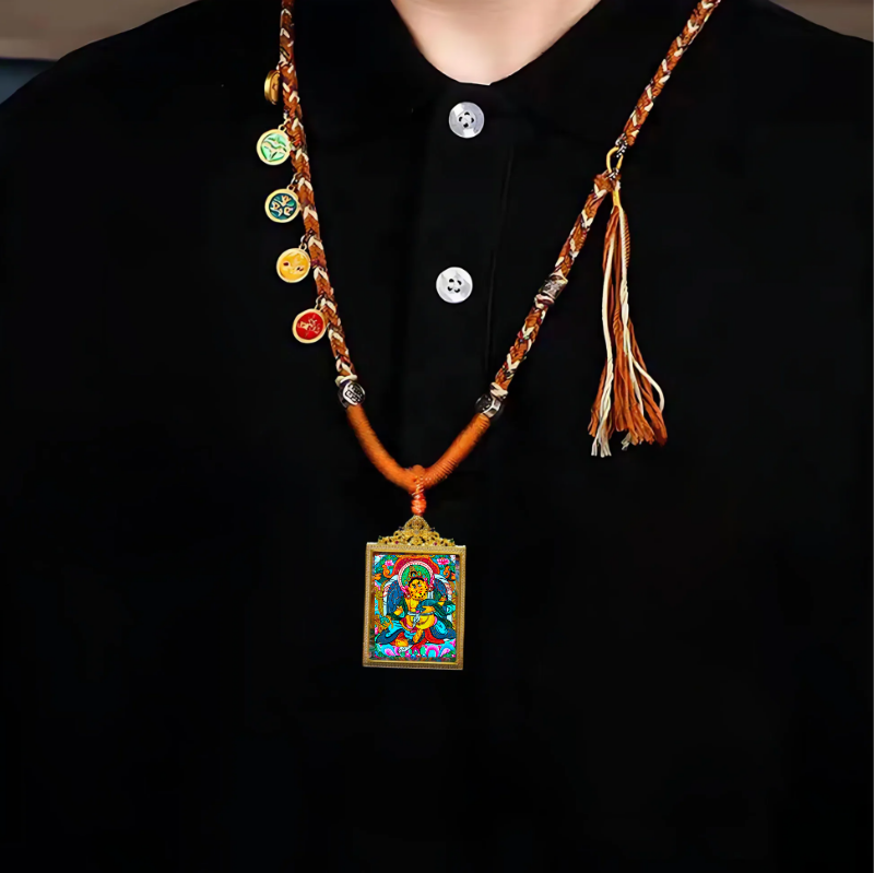 Authentic Hand-Painted Yellow Jambhala Thangka Pendant - Symbol of Fortune & Prosperity
