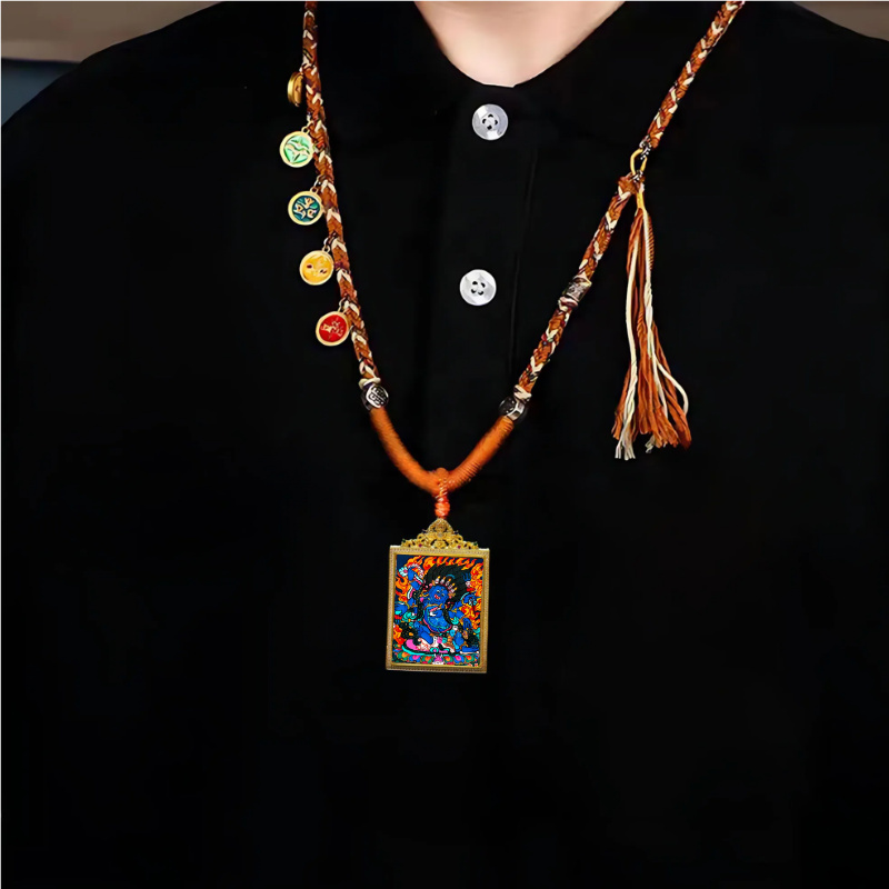 Six-Armed Mahakala Pendant Necklace - Tibetan Buddhist Protector w/ Gold Frame • Multi-Armed Deity • Spiritual Armor Jewelry