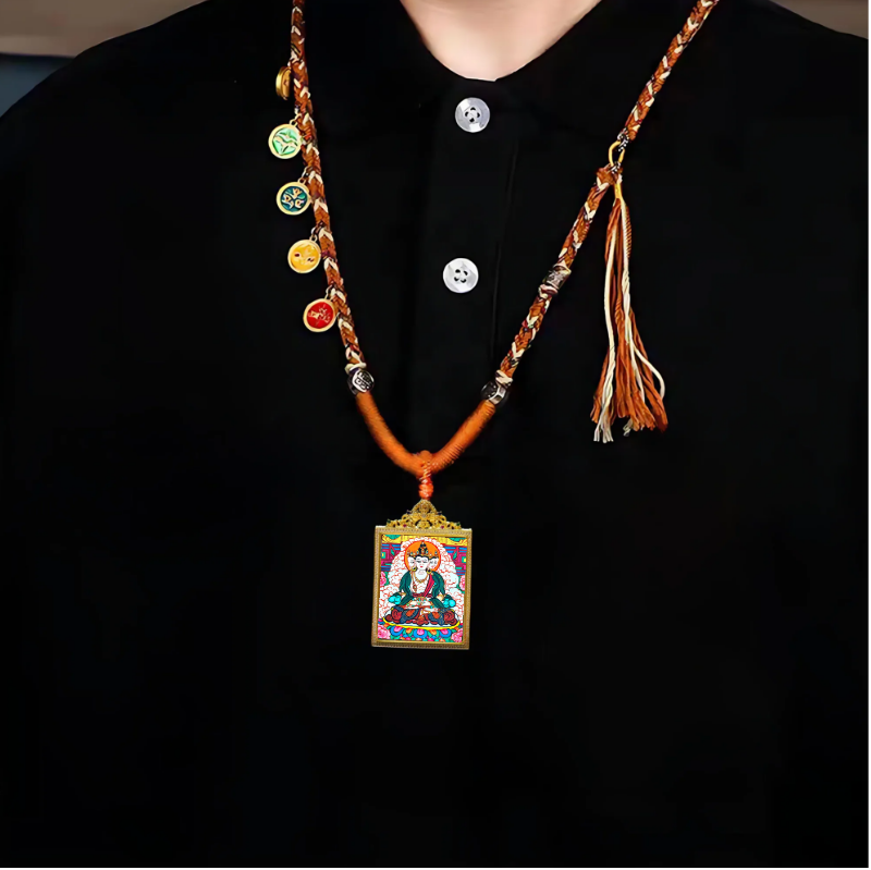 Hand-Painted Four-Faced Vairocana Buddha Dharma Wheel Pendant - Tibetan Thangka Meditation Necklace for Pure Illumination & Universal Wisdom