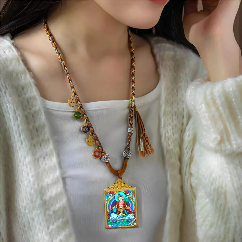 Hand-Painted Samantabhadra Bodhisattva Thangka Pendant - Wisdom Buddha Necklace for Clarity & Enlightenment