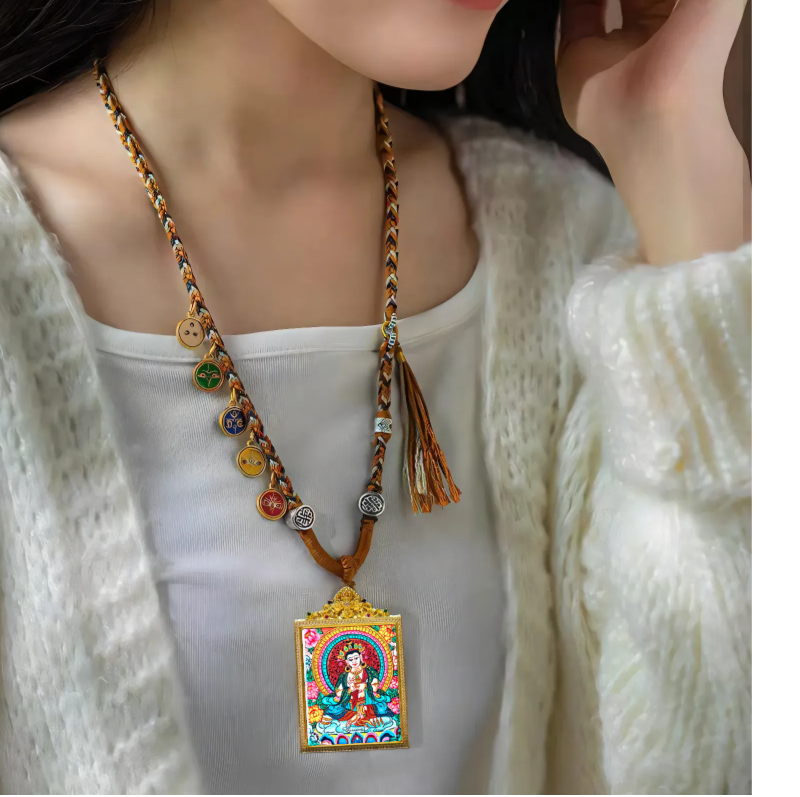 Hand-Painted White Tara Longevity Buddha Pendant - Tibetan Thangka Meditation Necklace for Healing & Protection