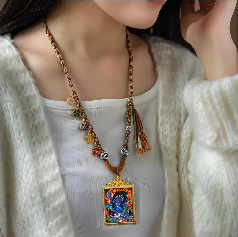 Six-Armed Mahakala Pendant Necklace - Tibetan Buddhist Protector w/ Gold Frame • Multi-Armed Deity • Spiritual Armor Jewelry