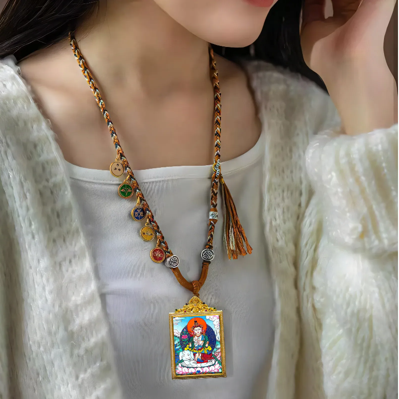Hand-Painted Samantabhadra Bodhisattva Thangka Pendant - Wisdom Buddha Necklace for Clarity & Enlightenment