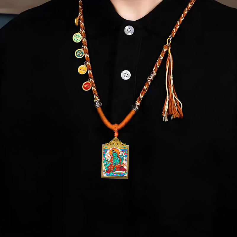 Tibetan Buddhism Green Tara Mantra Thangka Pendant - Feminine Empowerment Talisman for Blessings & Emotional Healing