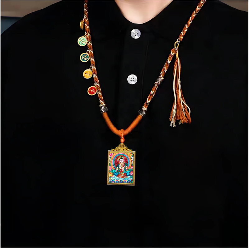 Hand-Painted White Tara Longevity Buddha Pendant - Tibetan Thangka Meditation Necklace for Healing & Protection