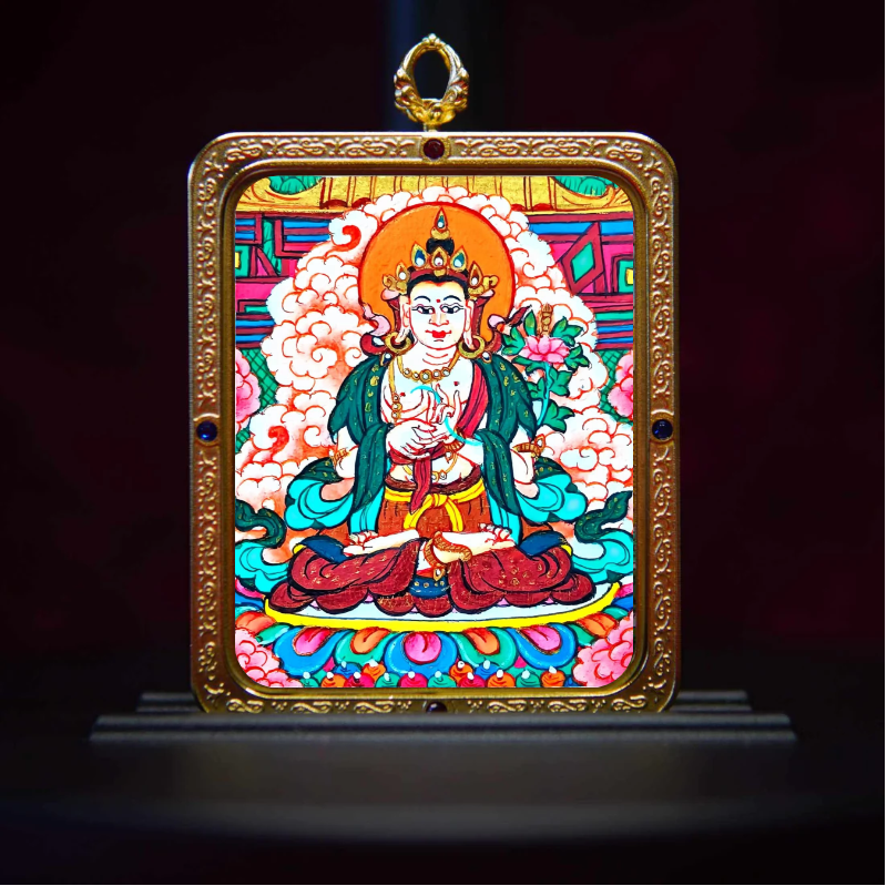 Hand-Painted Arya Avalokiteshvara Thangka Pendant - Tibetan Buddhist Compassion Amulet & Meditation Jewelry