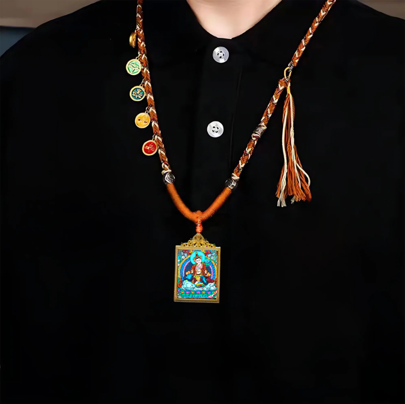 Hand-Painted Samantabhadra Bodhisattva Thangka Pendant - Wisdom Buddha Necklace for Clarity & Enlightenment