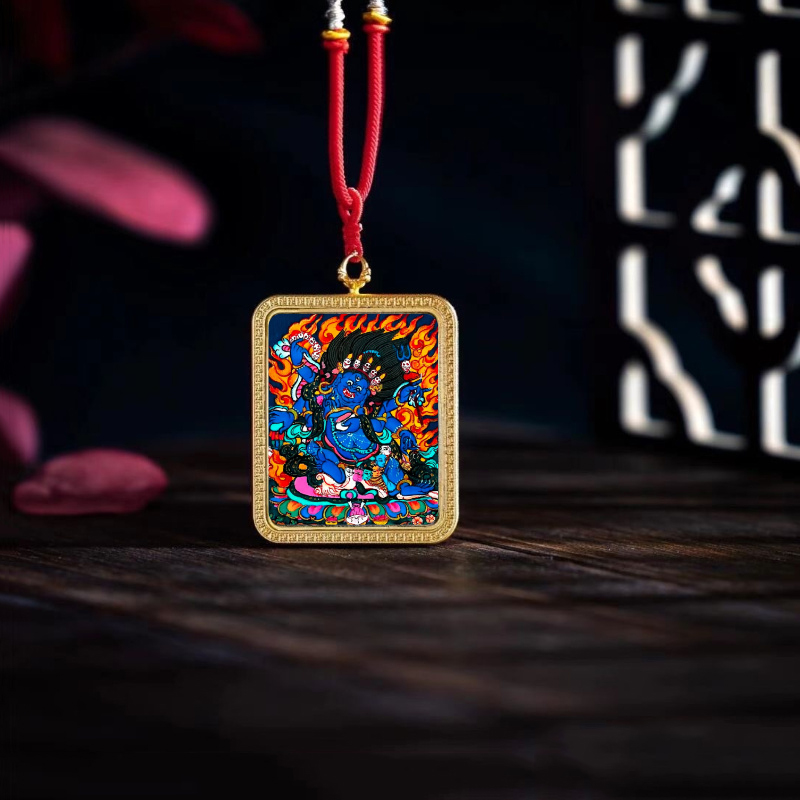 Hand-Painted Six-Armed Mahakala Pendant Necklace - Tibetan Buddhist Protector & Gold Frame • Multi-Armed Deity • Spiritual Armor Jewelry