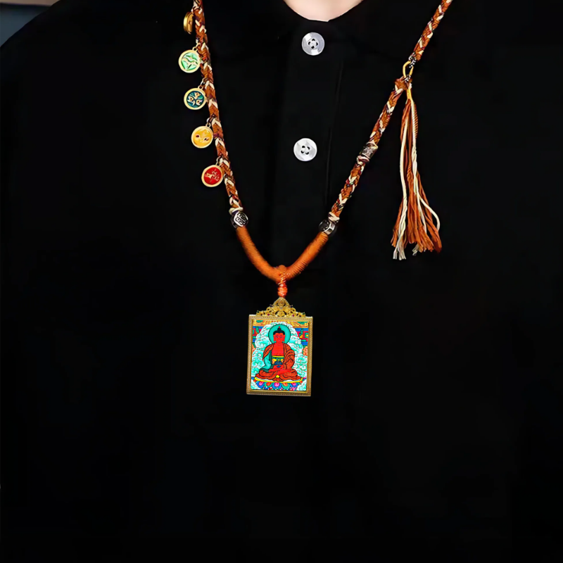 Hand-Painted Amitabha Buddha Thangka Pendant - Tibetan Enlightenment Jewelry for Inner Peace & Blessings