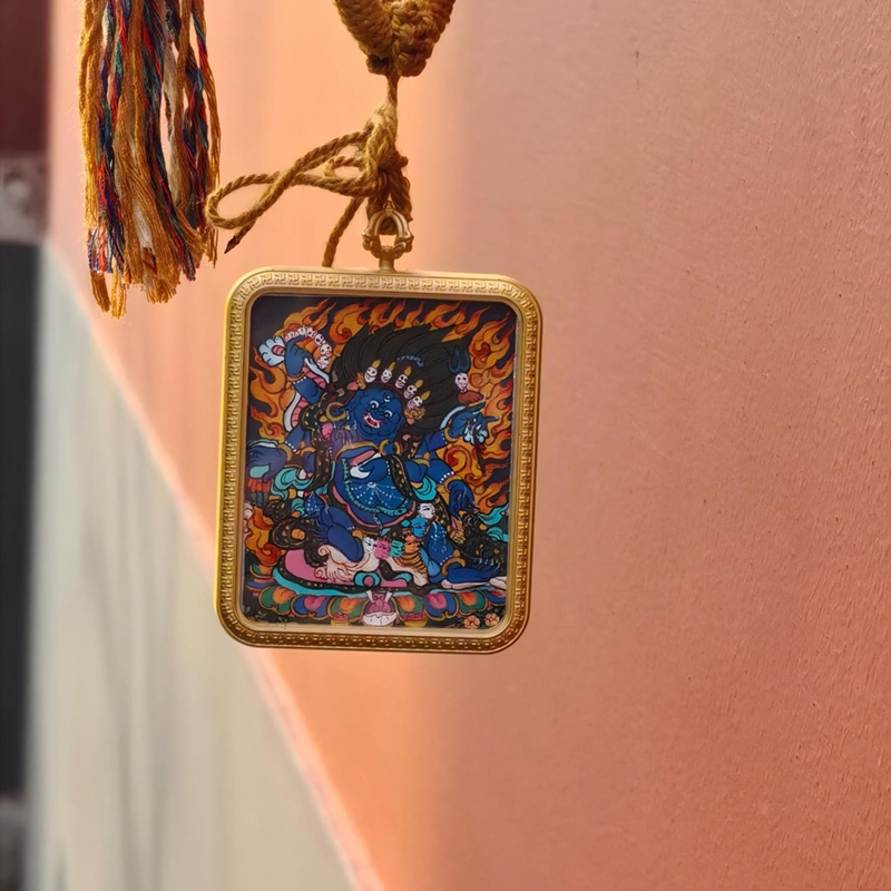 Hand-Painted Six-Armed Mahakala Pendant Necklace - Tibetan Buddhist Protector & Gold Frame • Multi-Armed Deity • Spiritual Armor Jewelry