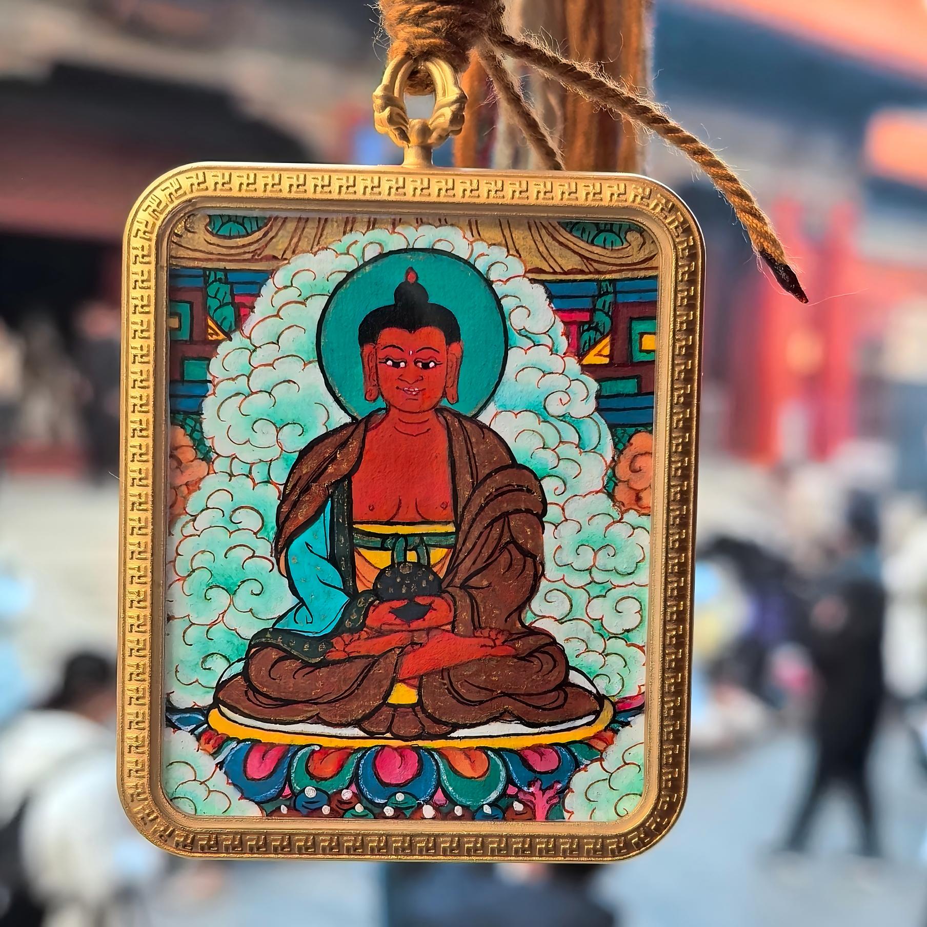 Hand-Painted Amitabha Buddha Thangka Pendant - Tibetan Enlightenment Jewelry for Inner Peace & Blessings
