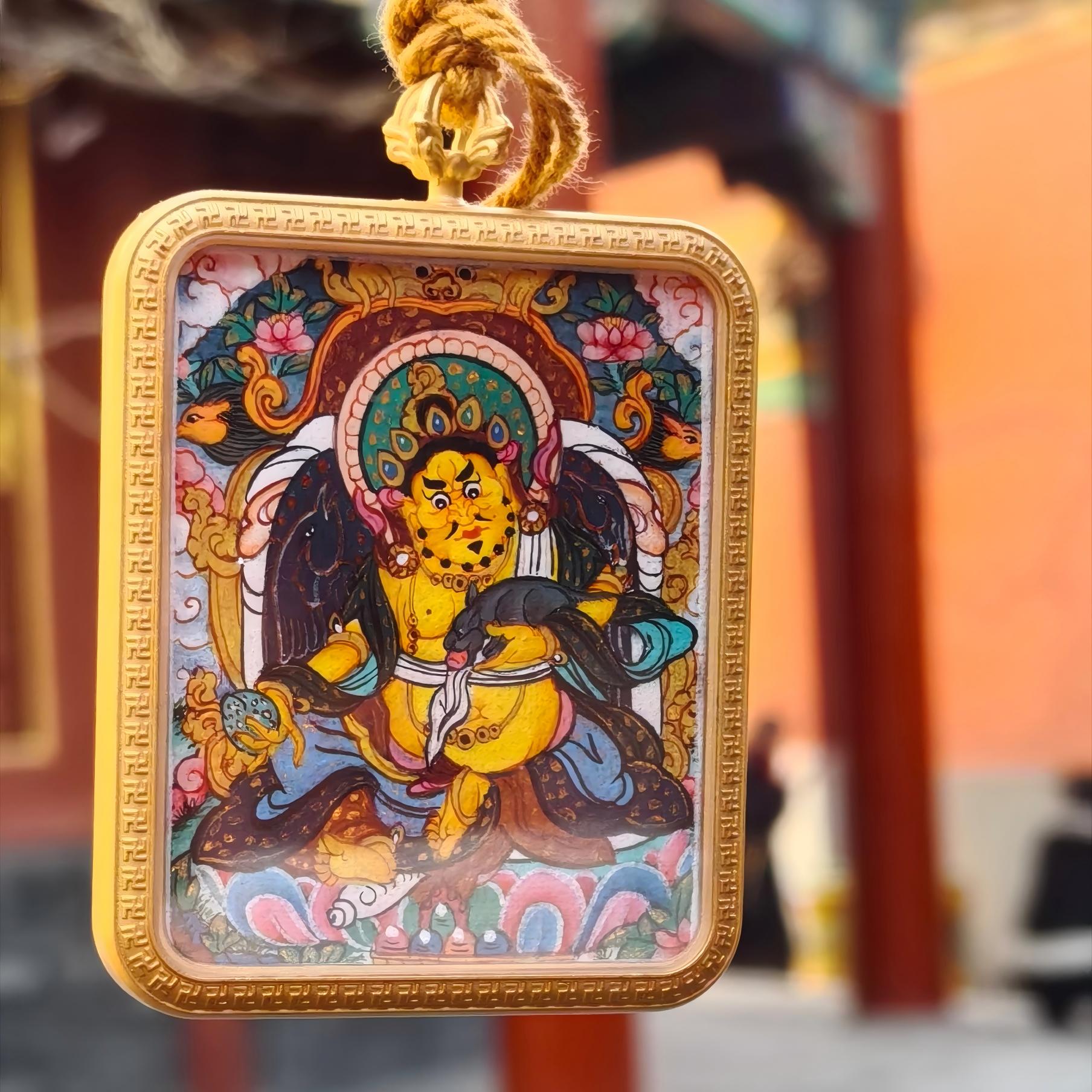 Hand-Painted Yellow Jambhala Thangka Pendant - Symbol of Fortune & Prosperity