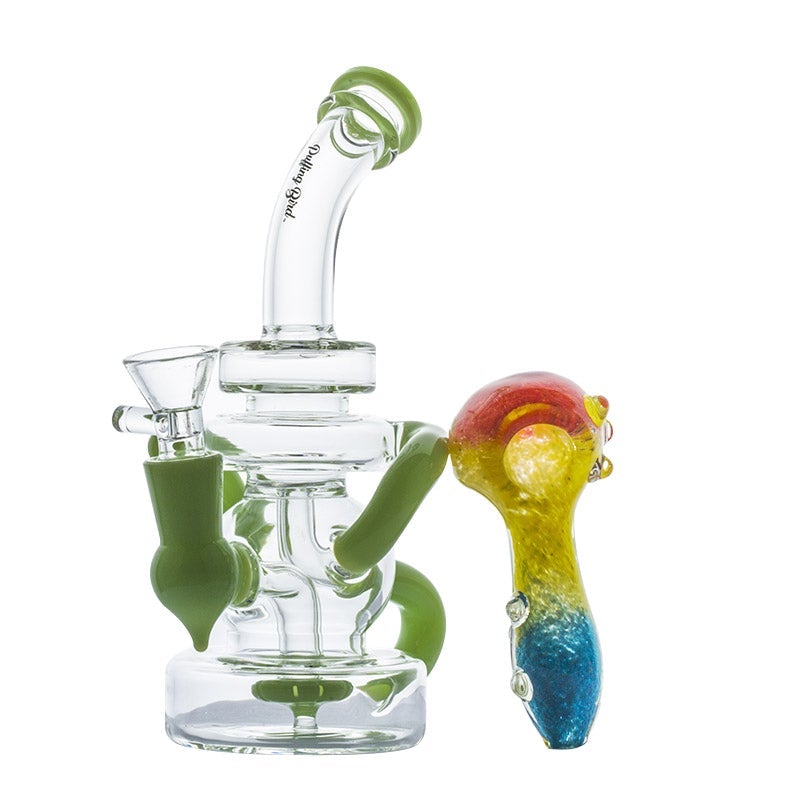 Green Recycler Dab Rig and Three-Toned Dichroic Glass Pipe Set