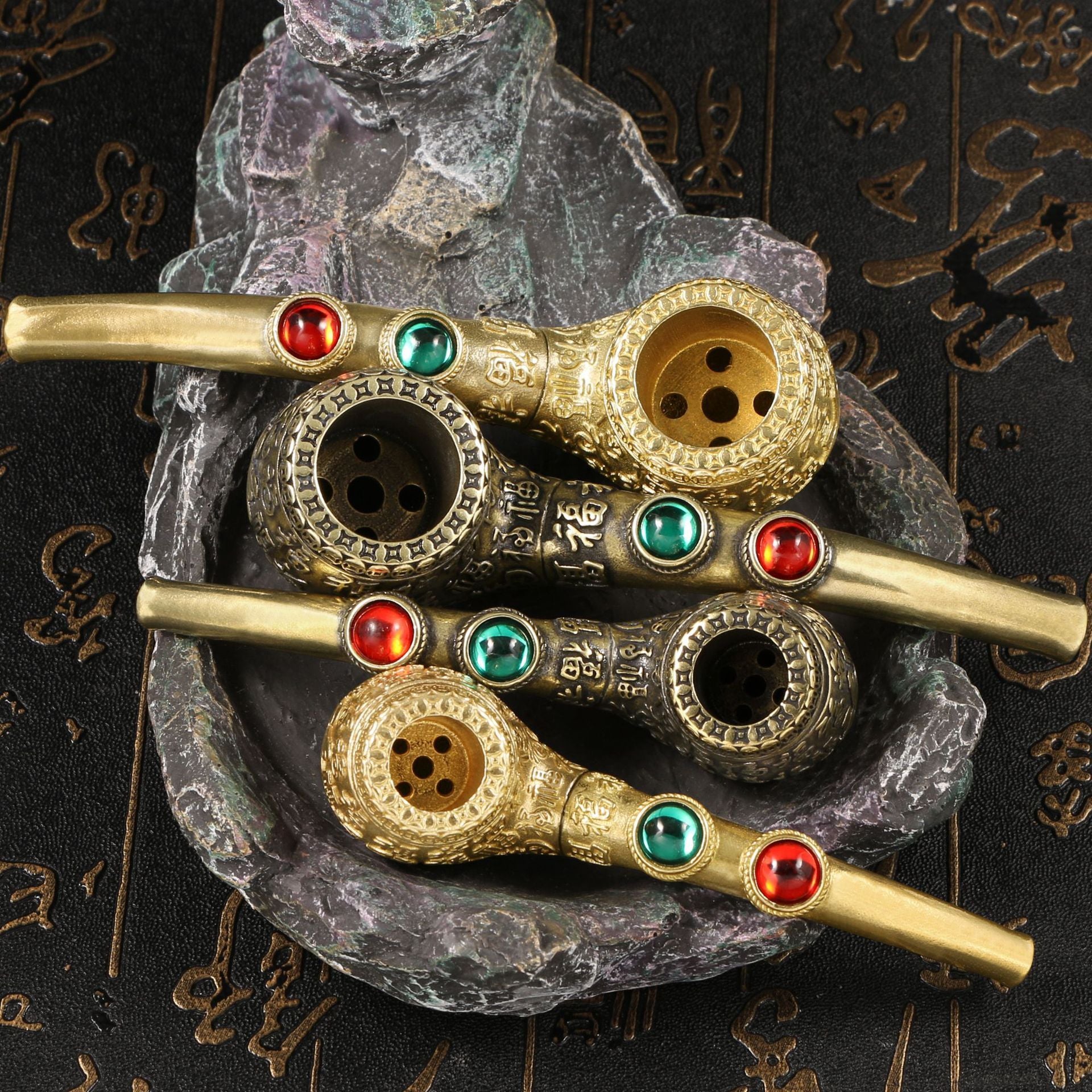 Chinese Characters Relief Brass Gemstone Inlaid Sherlock Pipe