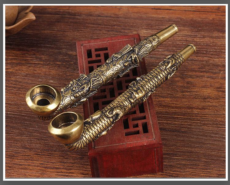 4.8 Brass Antique Smoking Pipe - Twelve Zodiac/Fu Lu Shou Relief Design