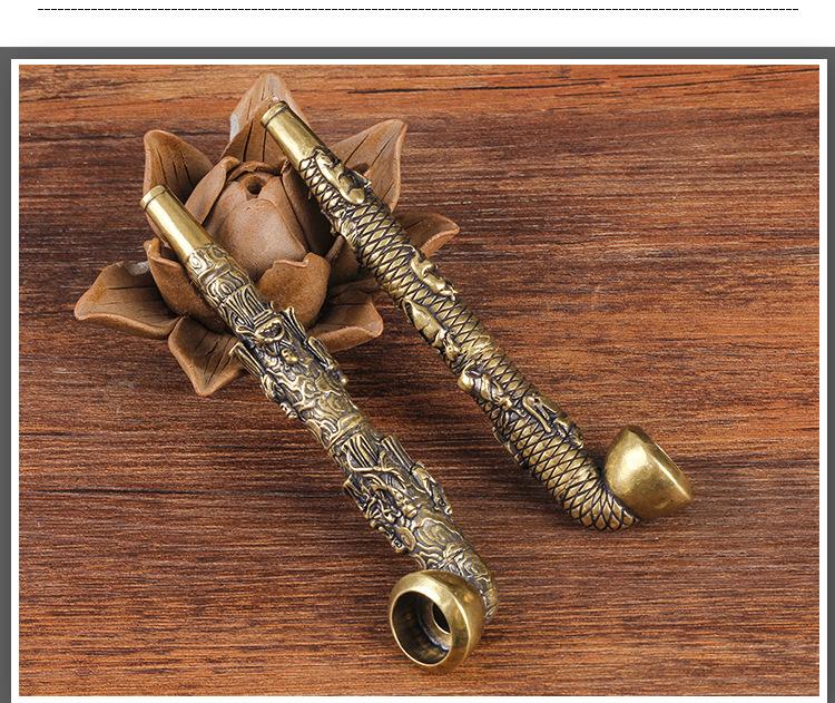 4.8 Brass Antique Smoking Pipe - Twelve Zodiac/Fu Lu Shou Relief Design