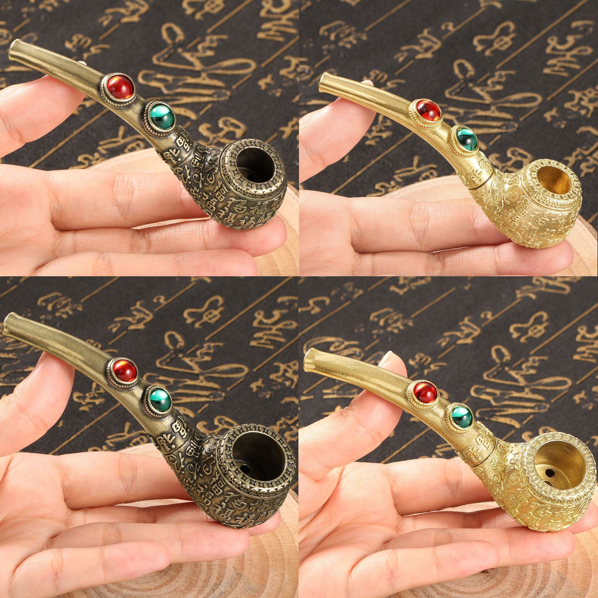 Chinese Characters Relief Brass Gemstone Inlaid Sherlock Pipe