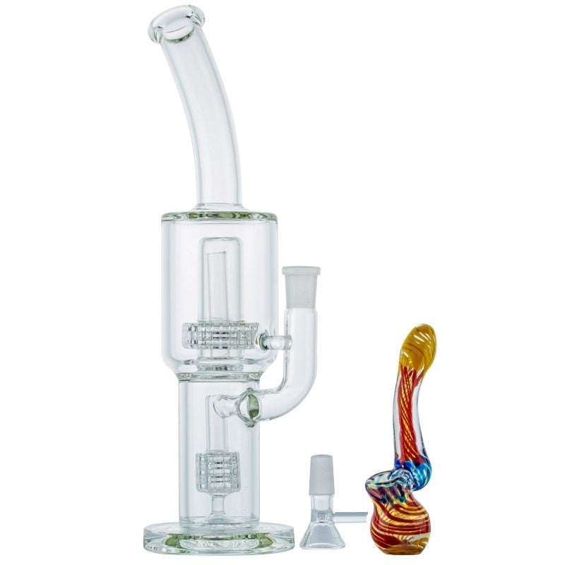 Double Matrix Perc Glass Bong w/ Spiral Sherlock Bubbler Set
