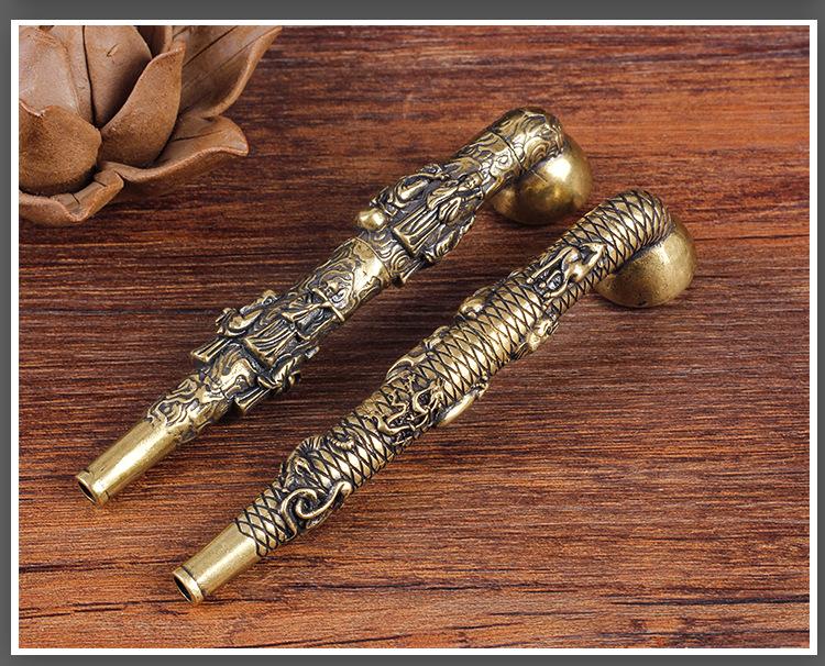 4.8 Brass Antique Smoking Pipe - Twelve Zodiac/Fu Lu Shou Relief Design
