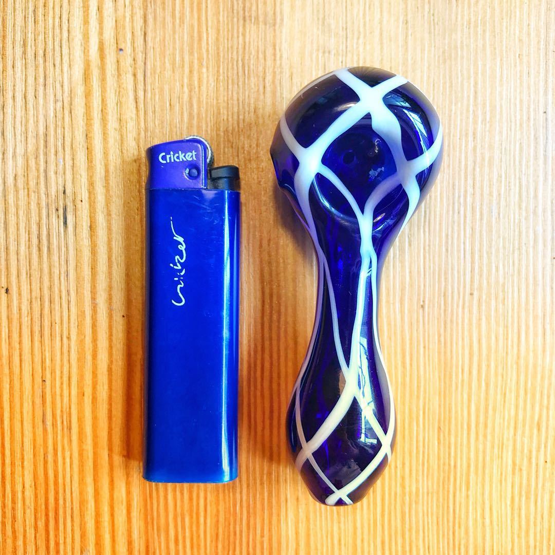 Handmade Blue Glass Pipe with White Stripes