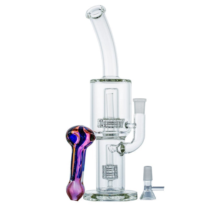 Double Matrix Perc Glass Bong w/ Fumed Glass Spoon Pipe Set