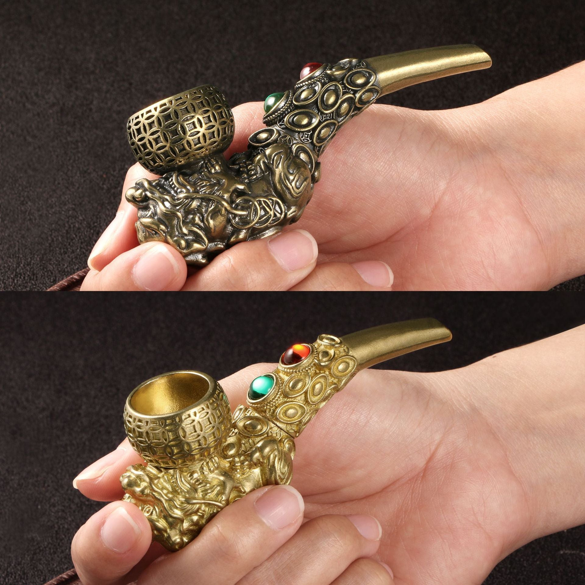 4.1 Antique Gemstone Pixiu Brass Smoking Pipe