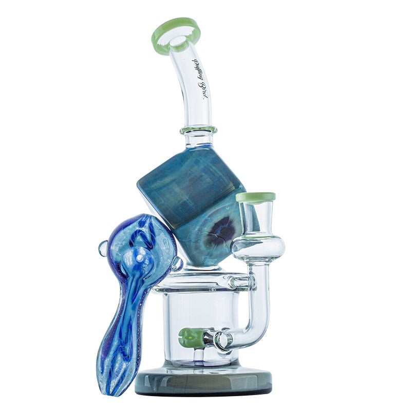Blue Cube Glass Dab Rig w/ Two Tone Glass Pipe Set