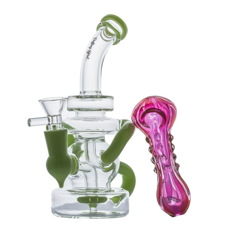 Green Recycler Dab Rig and Pink Girly Fumed Glass Pipe Set