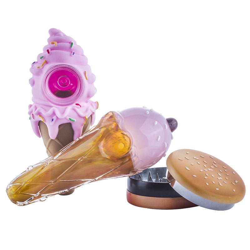 Ice Cream Pipe (Pink) w/ Hamburger Herb Grinder Set