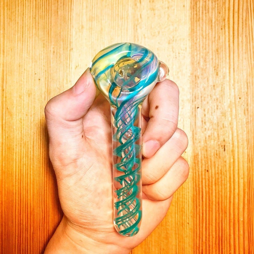4.3 Turquoise Spiral Inside Out Glass Pipe w/ Clear Marble
