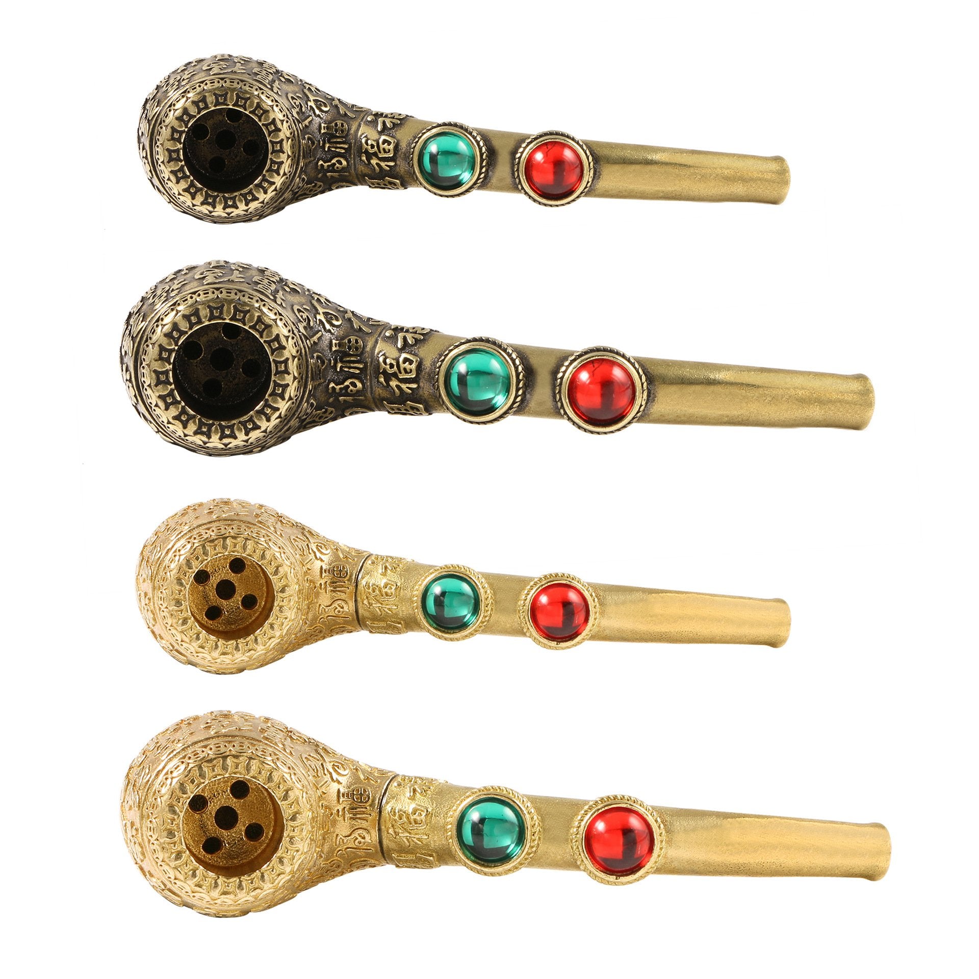 Chinese Characters Relief Brass Gemstone Inlaid Sherlock Pipe