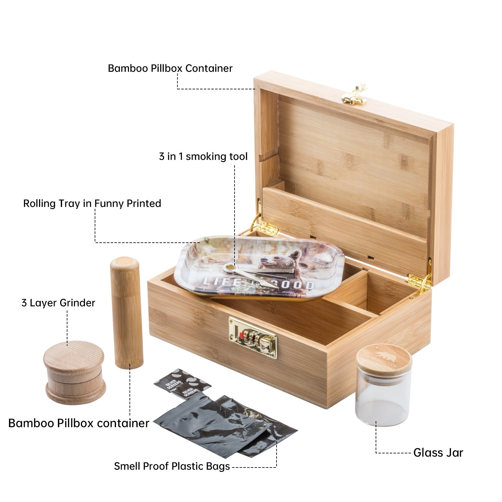 Bamboo Stash Box Combo w/ Quartz Enail Bundle Dab Kit