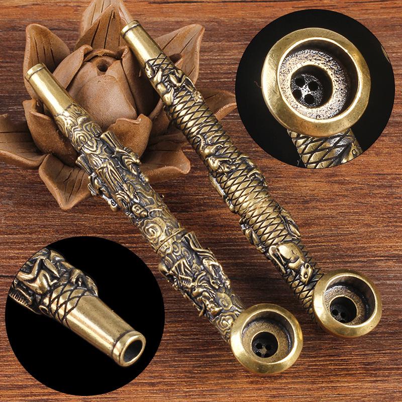 4.8 Brass Antique Smoking Pipe - Twelve Zodiac/Fu Lu Shou Relief Design