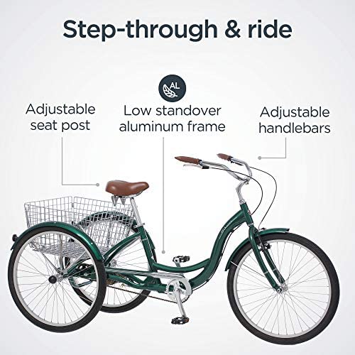 Schwinn Meridian Adult Tricycle, 24 or 26-Inch Wheel Options, Low Step-Through Aluminum Frame, Cargo Basket, Multiple Colors