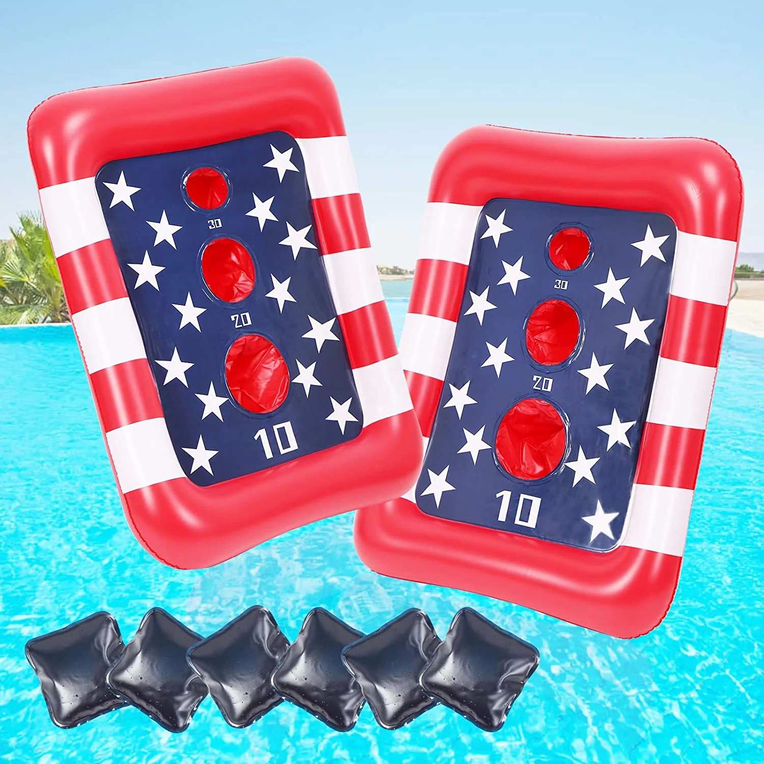 Floating Cornhole Set, American Flag Swimming Pool Party Supplies Pool Accessories, Summer Pool Toys for Kids Adults, 2pcs Float Cornhole Boards