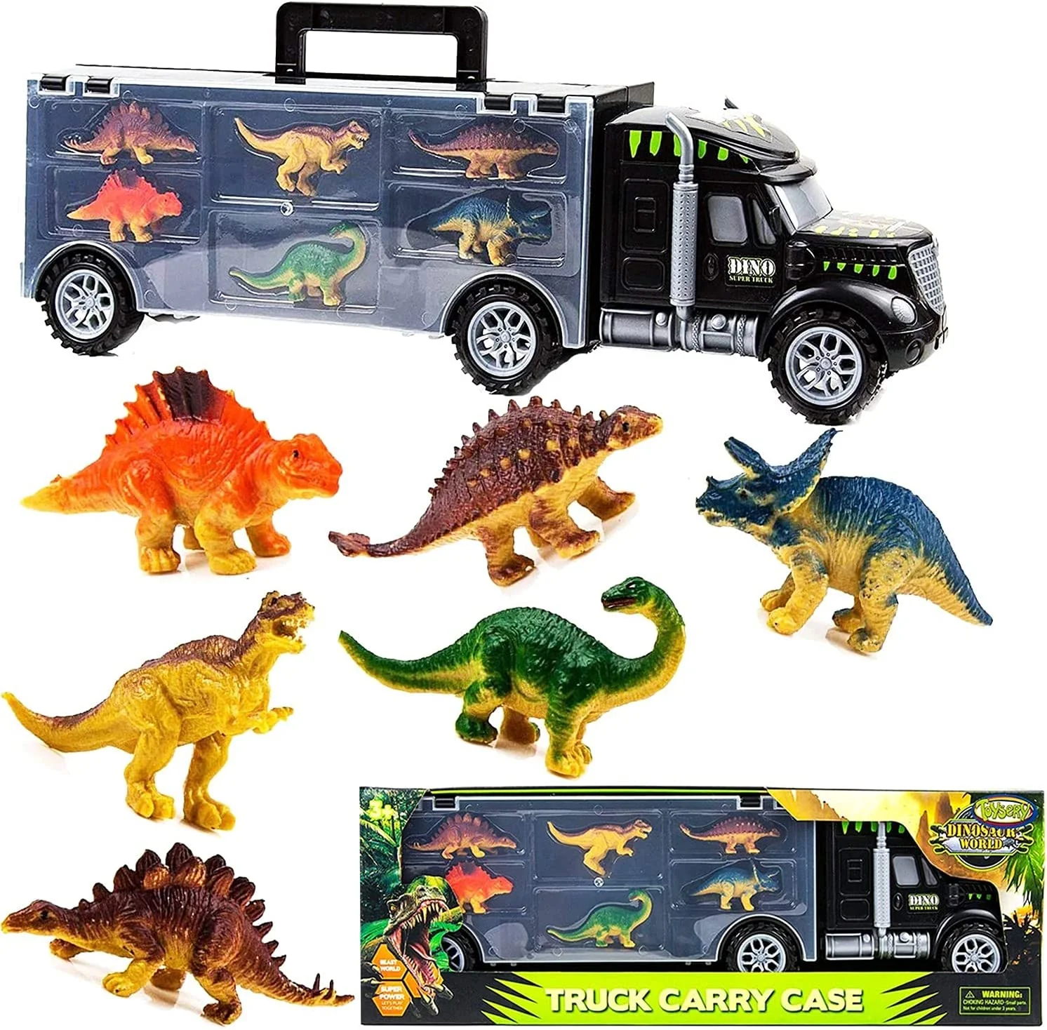 Dinosaur Transport Carrier Truck for Kids with 6 Vibrant Color Dinosaur Toys. Boys and Girls 3+ Years