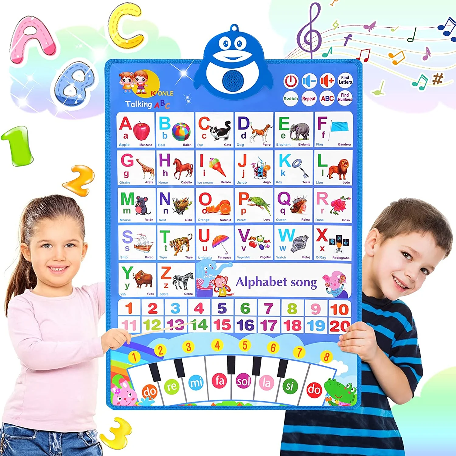 Electronic Interactive Alphabet Wall Chart, Talking ABC Poster +123+Music+Piano, ABC Learning for Toddlers 1-3, Educational Toys for 2 3 Year Olds, Speech Therapy Toy Preschool Gifts for Kids Ages 2-4