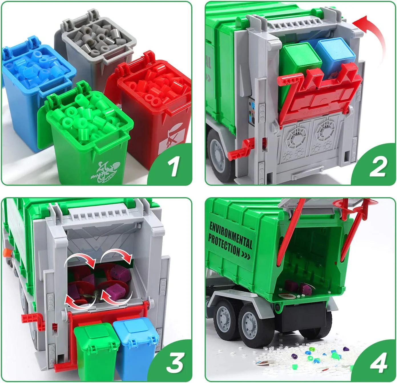 12 Garbage Truck Toys Trash Truck Recycle Truck with Sound and Light, Friction Powered Truck with 4 Garbage Cans, Push and Go Pull Back Car, Environmental Education Toys, Birthday Gift for Boys