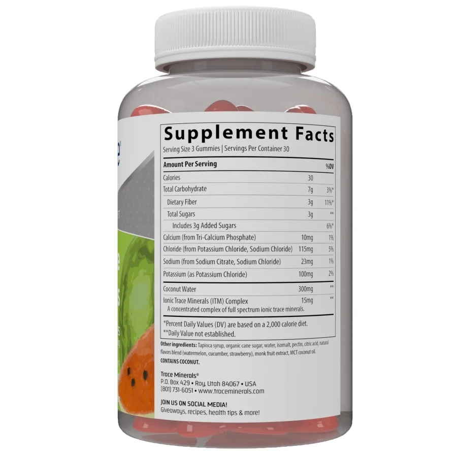 Trace Minerals Electrolyte Stamina Gummies, 263 mg Electrolytes per Serving, Vegan, Gluten Free, Natural Watermelon Flavor, 90 Count