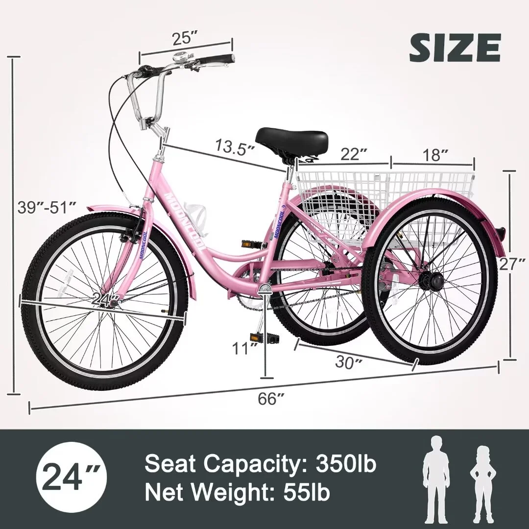Docred Adult Tricycles 1-Speed 24 inch Adult Trikes 3 Wheel Bikes, Three-Wheeled Bicycles Cruise Trike with Shopping Basket for Seniors, Women, Men