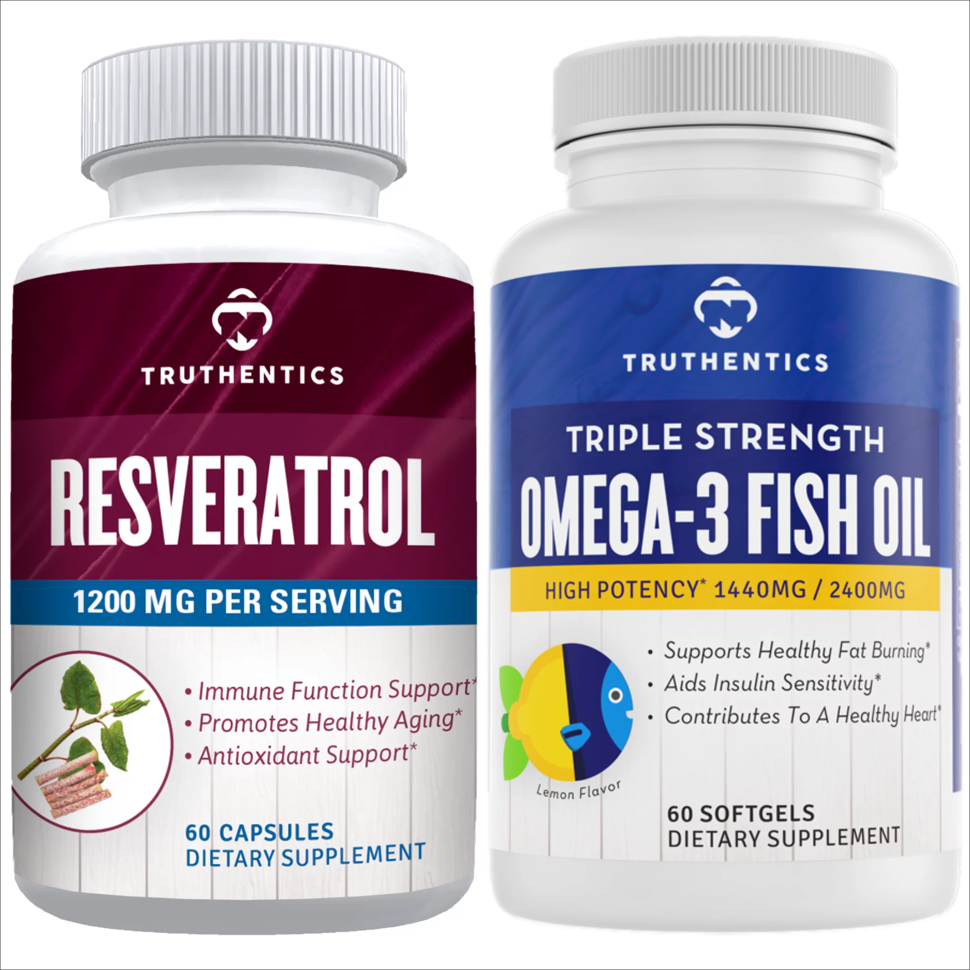 Truthentics Resveratrol Plus Omega-3 Fish Oil Bundle - Anti-Aging, Heart, Brain, Skin, Joint Support - 60 Count Each
