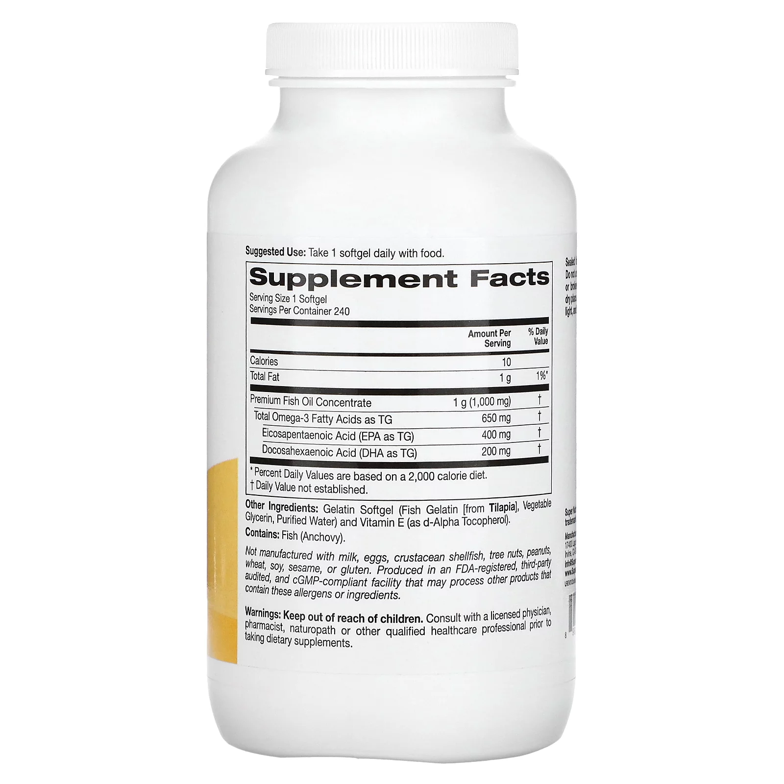 Super Nutrition Omega-3 Fish Oil, 650 mg, 240 Fish Softgels (650 mg per Softgel)