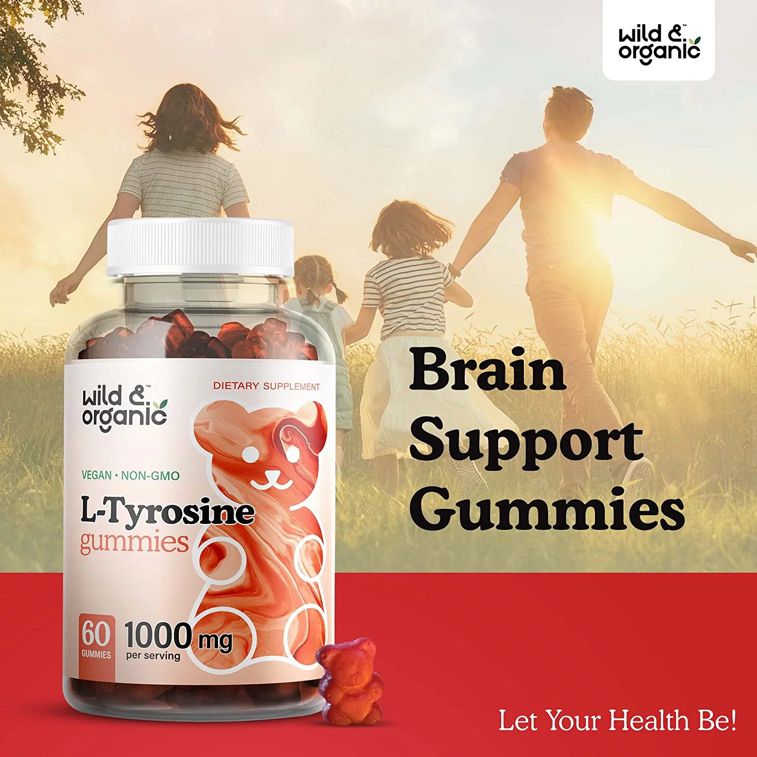 Wild & Organic L-Tyrosine 1000mg Gummies - Brain Health and Stress Support Gummy, 60 Chews